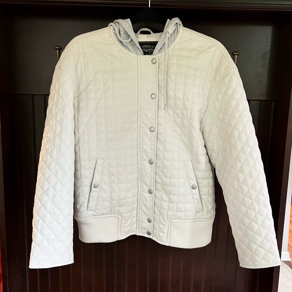 LEVI’S Faux Leather Quilted Hooded Bomber Jacket Ivory Zipper Snap Button | Sz S - Picture 5 of 14